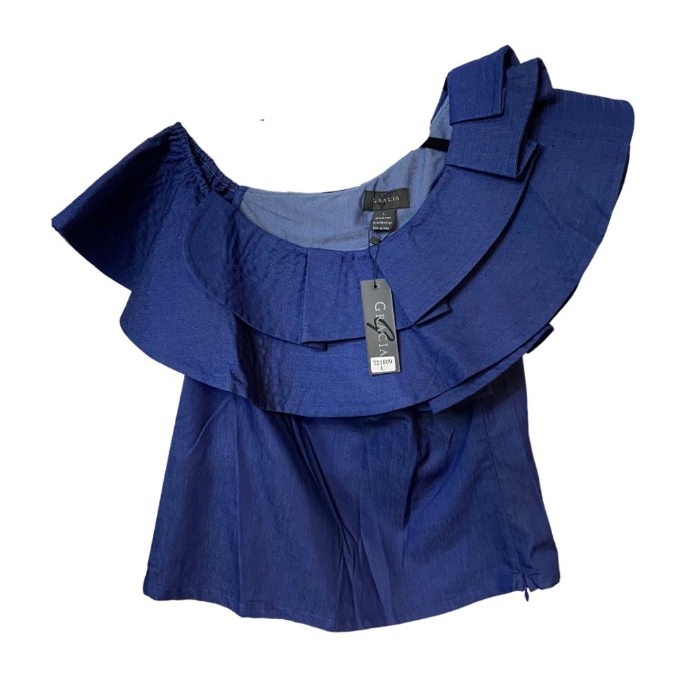 NWT Gracia one shoulder denim top with ruffle neckline size L